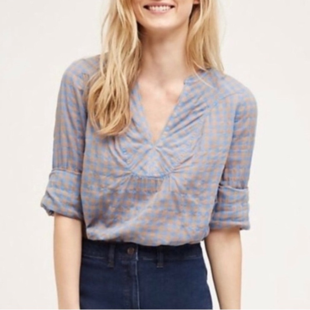 Anthropologie Holding Horses Devon Gingham Check Plaid Popover Blouse, Size 14